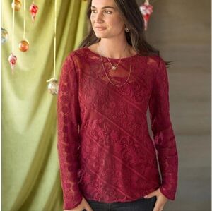 Sundance embroidered lace stretch cranberry red long sleeve sheer blouse. Xl